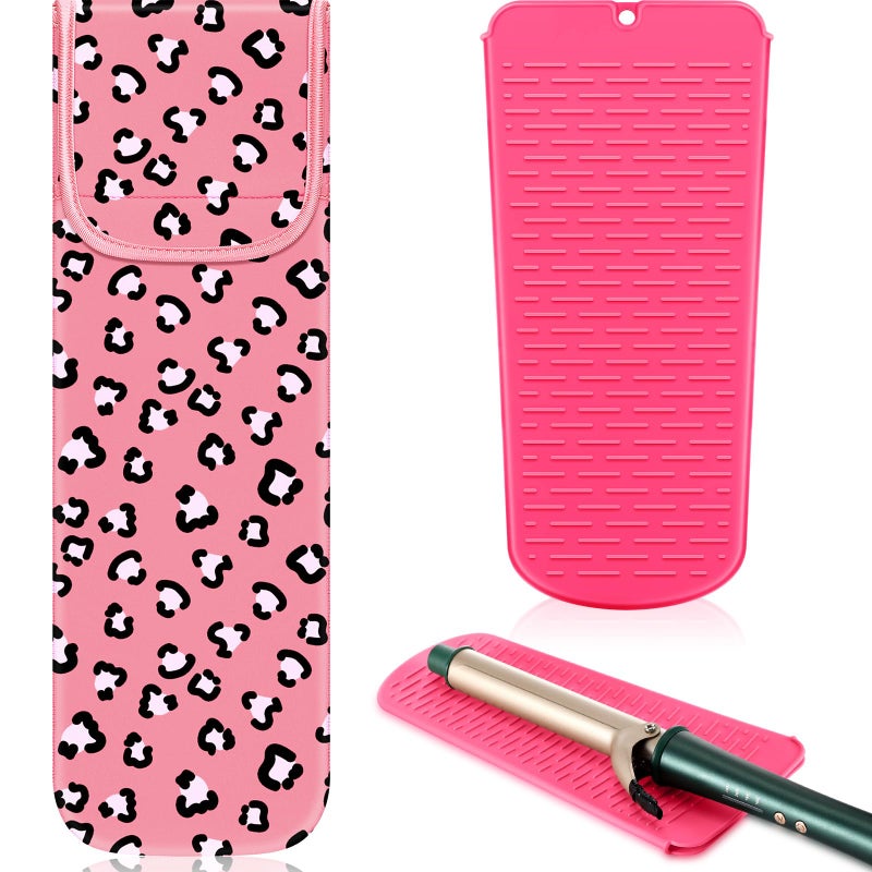 Shappy 2 Pcs Heat Resistant Hair Tools Bag Curling Iron Travel Case Cover Neoprene Flat Iron Holder Travel Case and Silicone Mat Pouch for Hot Hair Tools Storage OrganizerLeopard Style - Image 3