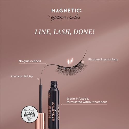 KISS Magnetic False Eyelashes and Eyeliner, ‘Charm’, 12mm, Easy to Apply, Reusable, No Glue, Flexible Band, Precision Felt Tip, Fortified Formula, 1 Pair Strip Lashes - Image 3