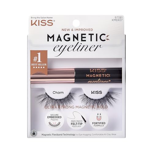 KISS Magnetic False Eyelashes and Eyeliner, ‘Charm’, 12mm, Easy to Apply, Reusable, No Glue, Flexible Band, Precision Felt Tip, Fortified Formula, 1 Pair Strip Lashes - Image 1
