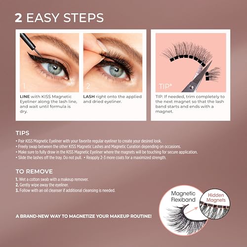 KISS Magnetic False Eyelashes and Eyeliner, ‘Charm’, 12mm, Easy to Apply, Reusable, No Glue, Flexible Band, Precision Felt Tip, Fortified Formula, 1 Pair Strip Lashes - Image 2
