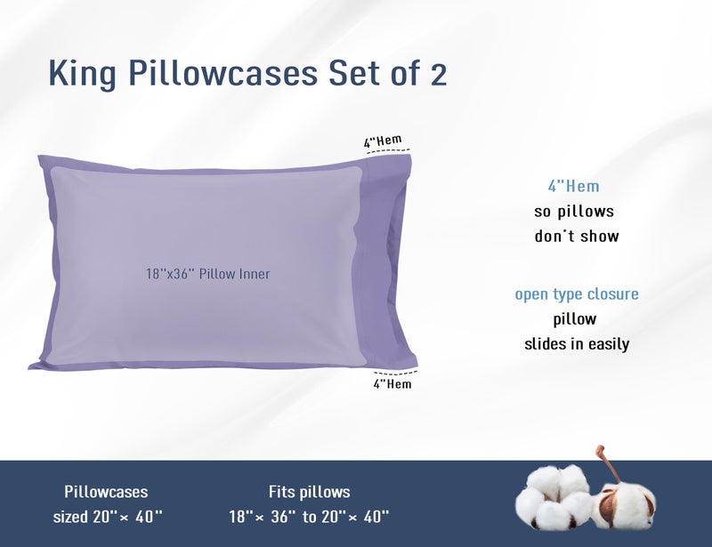 HOMTEC Cotton Pillow Cases King Size Set of 2  20 by 40 inches King Pillow Cases  Purple King Pillow Cases  King Pillowcases Cotton Percale Weave Pre-Shrunk Breathable and Hypoallergenic - Image 3