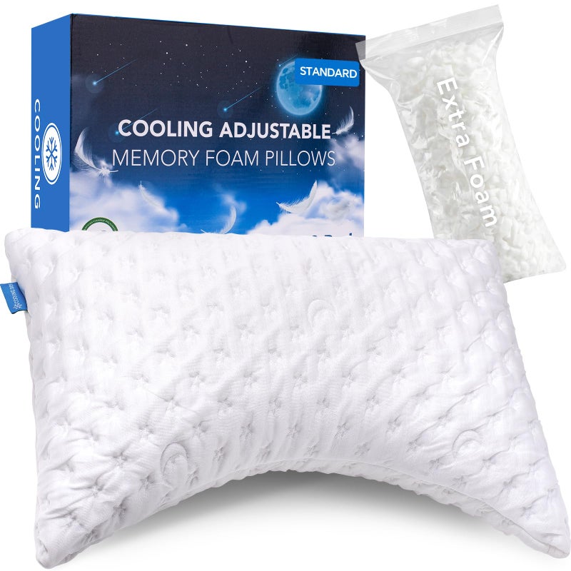 KUCEY Cooling Side Sleeper Pillow for Neck and Shoulder Pain, Luxury Shredded Memory Foam Curved Bed Pillows for Sleeping Set of 1- Adjustable Standard Size- Washable Cover Crescent White - Image 1