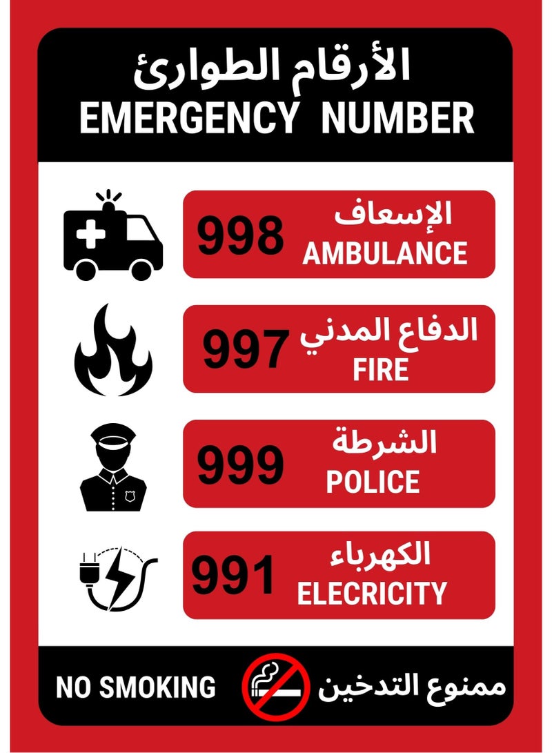 Emergency Number Signage – Red & Black Acrylic A4