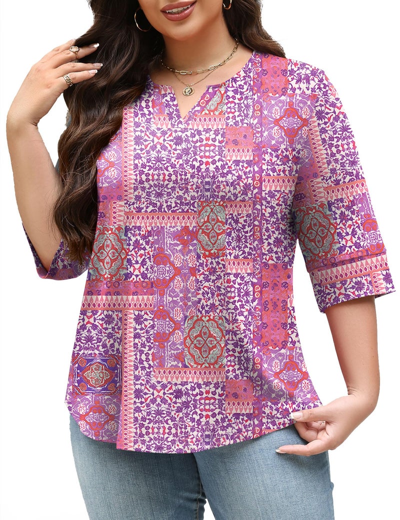 TFSDOD Plus Size Spring Clothes for Women Elbow Length Tee Shirts for Women Western Clothing V Neck Tunic Tops Pink Floral 2XL - Image 2