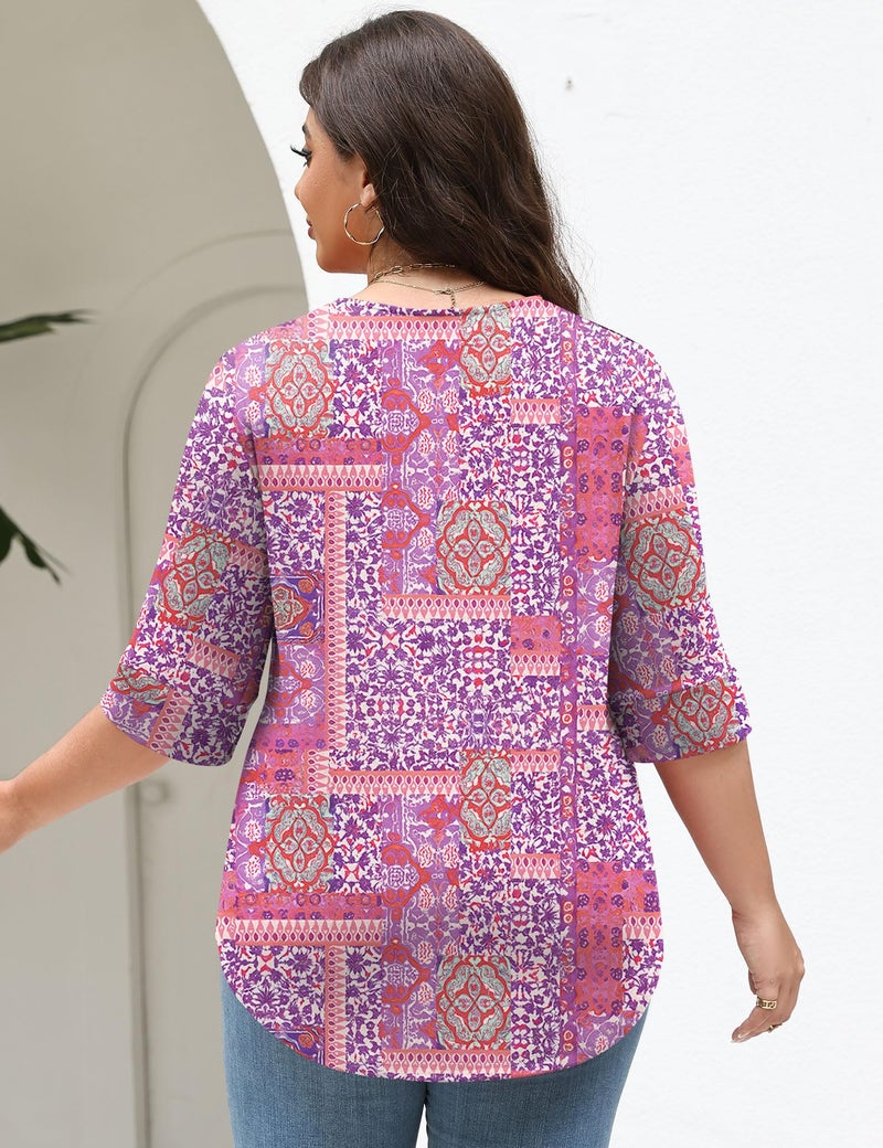 TFSDOD Plus Size Spring Clothes for Women Elbow Length Tee Shirts for Women Western Clothing V Neck Tunic Tops Pink Floral 2XL - Image 3