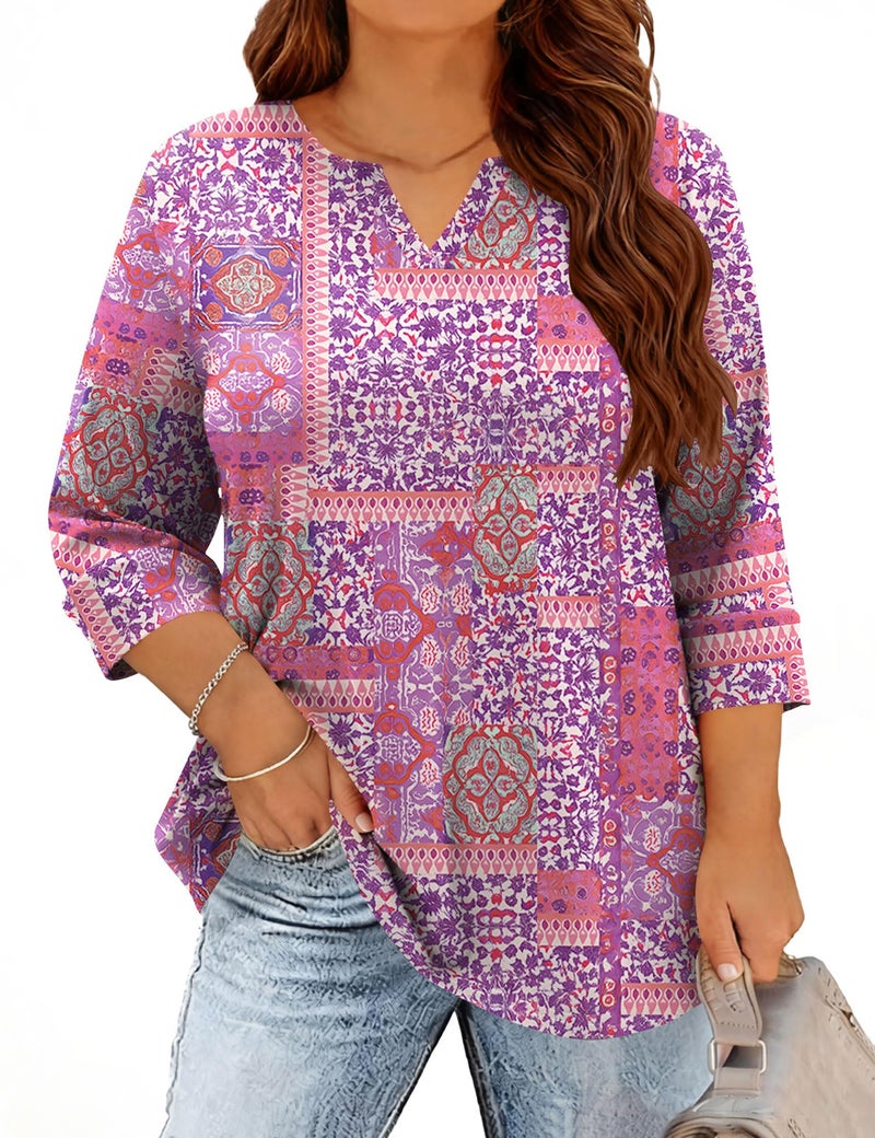 TFSDOD Plus Size Spring Clothes for Women Elbow Length Tee Shirts for Women Western Clothing V Neck Tunic Tops Pink Floral 2XL - Image 1
