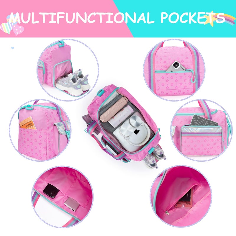 Oruiji Kids Duffle Bag Girls Travel Bag Gifts Overnight Sleepover Bags for Girls Women Tote Gym Dance Bags for Kids with Shoes Compartment Pink - Image 4