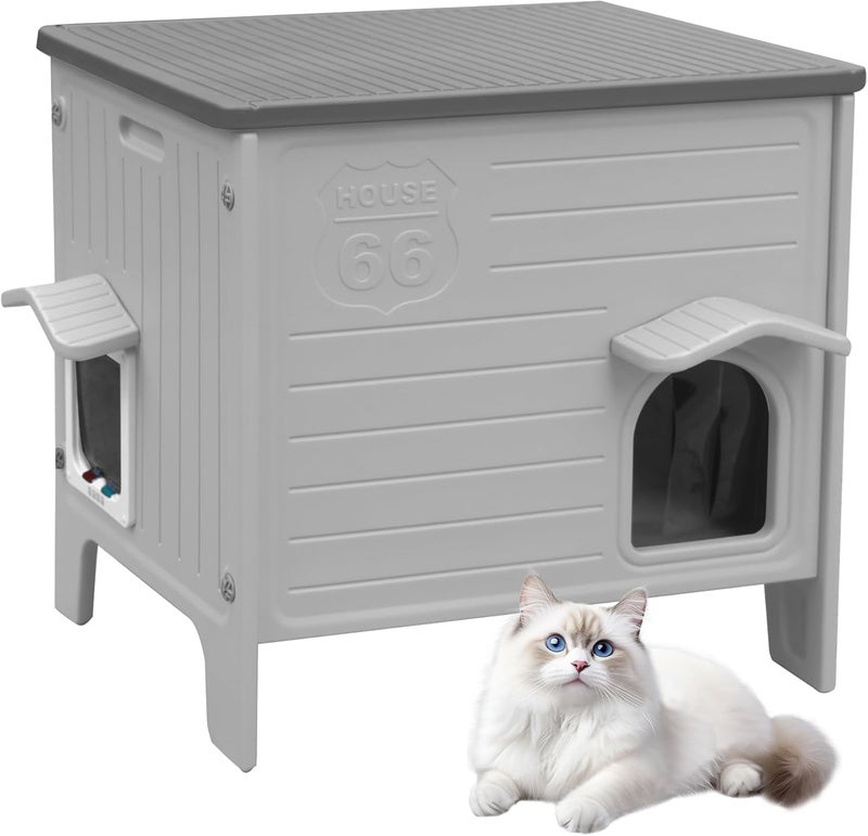 Deblue Cat House Outdoor Weatherpoof Plastic Cats Houses with Escape Door Indoor Waterproof Feral/Pet Cat Shelter Outside for Puppy, Rabbit(Grey) - Image 1