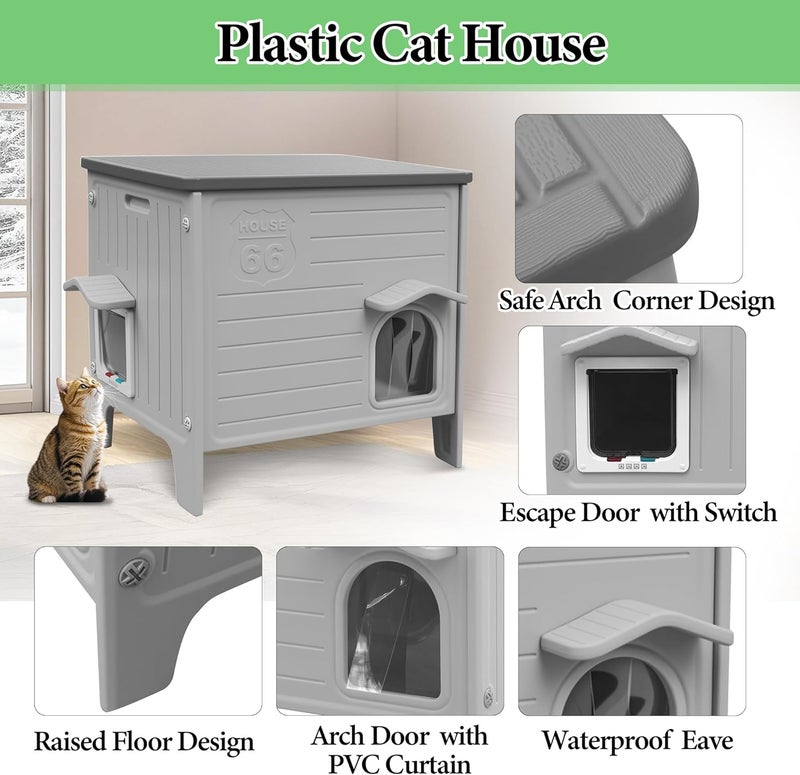 Deblue Cat House Outdoor Weatherpoof Plastic Cats Houses with Escape Door Indoor Waterproof Feral/Pet Cat Shelter Outside for Puppy, Rabbit(Grey) - Image 5