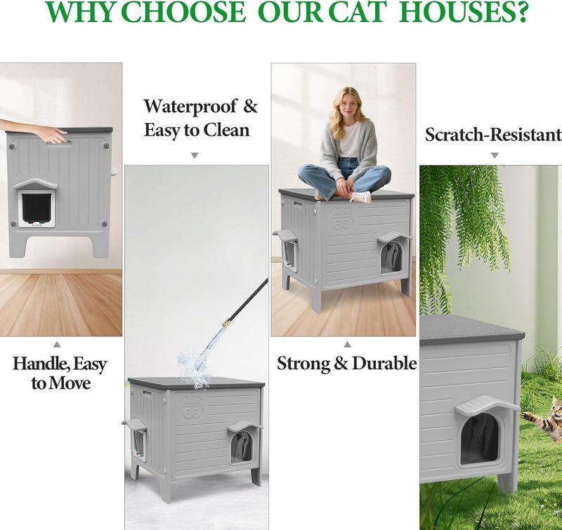 Deblue Cat House Outdoor Weatherpoof Plastic Cats Houses with Escape Door Indoor Waterproof Feral/Pet Cat Shelter Outside for Puppy, Rabbit(Grey) - Image 4