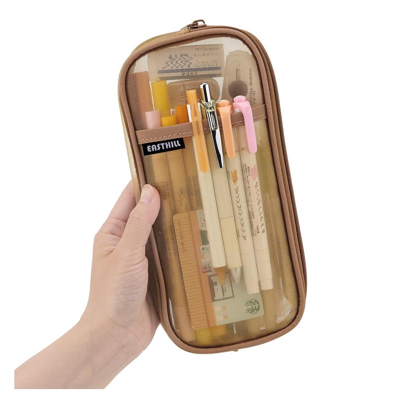 EASTHILL Grid Mesh Pen Pencil Case with Zipper Clear Makeup Color Pouch Cosmetics Bag MultiPurpose Travel School Teen Girls Transparent Stationary Bag Office Organizer Box for AdlutsKhaki