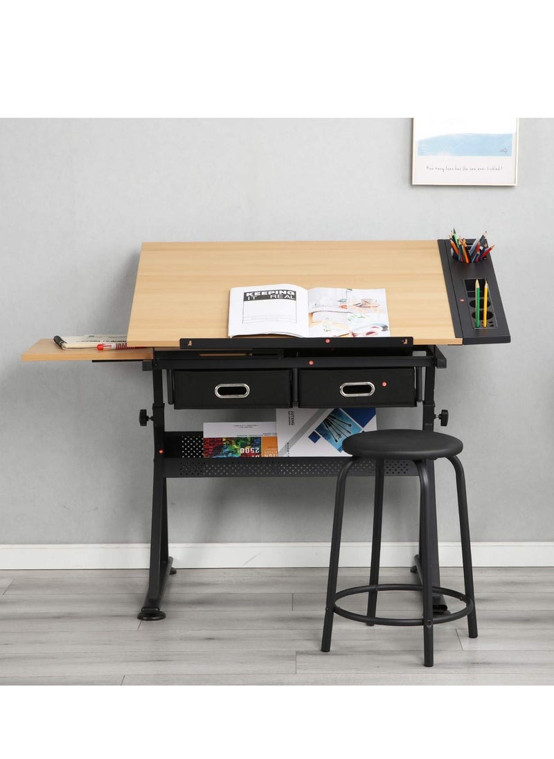 Generic - Height Adjustable Drafting Table Painting Table Drawing Table Art Craft Desk with Stool Artist Desk Tilting Tabletop Sketching Desk with Stool and Drawers for Home Office - Image 1