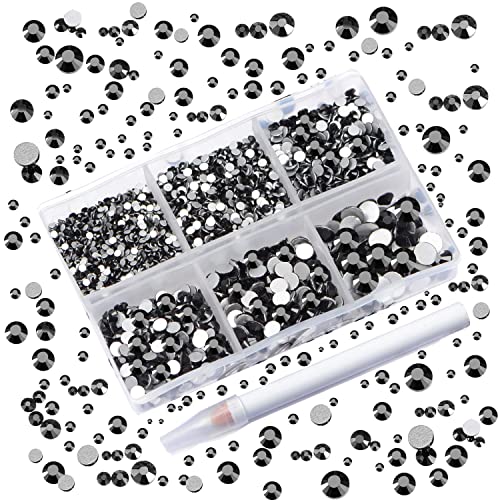 AD Beads 4300 Pieces Flat Back Nail Art Rhinestones Round Beads 6 Sizes (2-6.5mm) with Storage Organizer Box,Rhinestones Picking Pen for Nail Art Phone Decorations Crafts DIY (Black) - Image 1