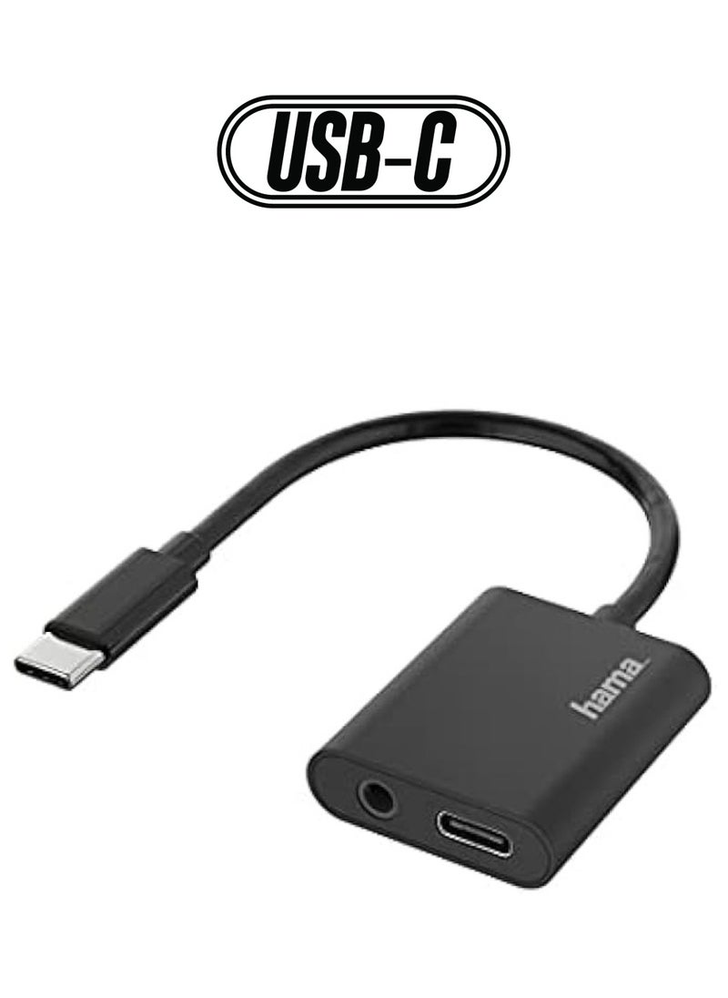هاما قابس 2 في 1 USB-C إلى مقبس 3.5 ملم ومحول صوت مقبس USB-C، أسود 