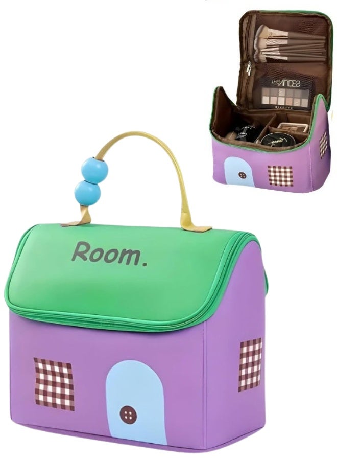 حقيبة مكياج نسائية على شكل منزل - حقيبة أنيقة لتنظيم مستحضرات التجميل، حقيبة سفر لأدوات التجميل، حقيبة تخزين محمولة ذات سعة كبيرة للاستخدام اليومي والسفر - Image 1