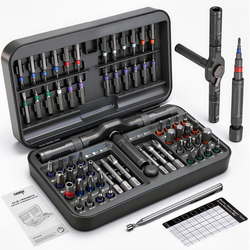DISEN 68 in 1 Ratcheting Screwdriver Set, 58-Tooth T-Handle with Magnetic Pickup & Pad, 42 S2 Steel Bits, Magnetic Case, Repair Kit for Electronics, Laptop, PC, Game Console, Furniture, Bike - Image 1