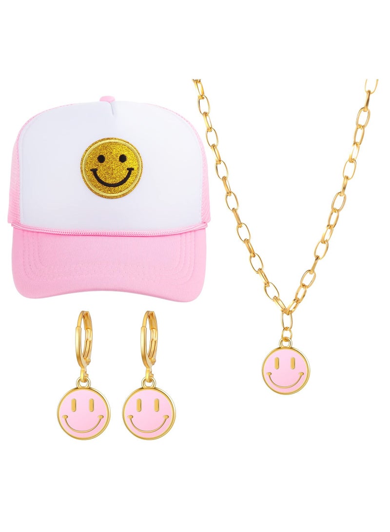 KASTWAVE Preppy Jewelry Set Smile Face Sequins Hat Smile Face Necklace Earrings Preppy Accessories for Girls Summer Beach - Image 1
