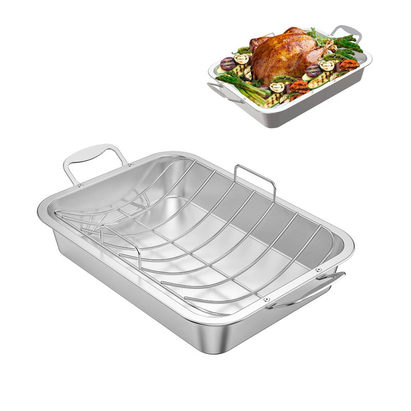 Skyflame Roasting Pan with Rack for Turkey, Stainless Steel Silver Rectangular Barbecue Bakeware Roaster Pan with Nonstick U-Rack for Indoor/Outdoor Oven Cooking - Image 1