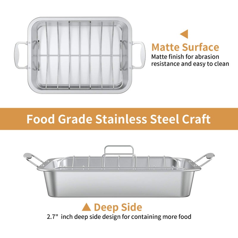 Skyflame Roasting Pan with Rack for Turkey, Stainless Steel Silver Rectangular Barbecue Bakeware Roaster Pan with Nonstick U-Rack for Indoor/Outdoor Oven Cooking - Image 3