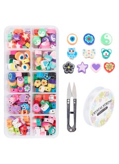 polymer clay beads with 10 patterns in the shapes of stars, hearts, butterflies and flowers from 200 pieces from Sunny Claw, polymer beads with 1 spool of clear crystal thread and scissors for handmade jewelry, bracelets and chains