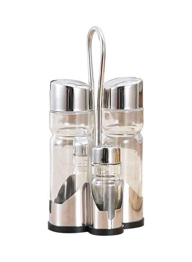 NIBEMINENT 4-In-1 Seasoning Bottle Set With Holder Silver Dispensers 2x6, Shakers 2x1.5  - Image 1