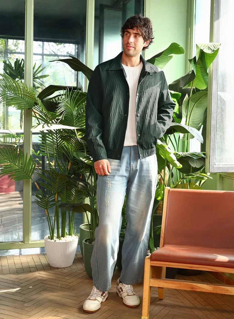 CAHOOT  Men's Emerald Green Crease-Tactile Bomber Jacket for Men | Best Price UAE