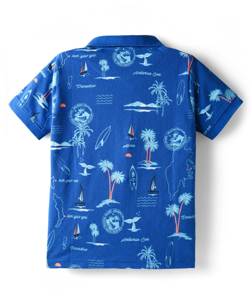 Pine Kids Pine Kids Cotton Knit Half Sleeves Polo T-Shirt with Beach Theme Print - Blue