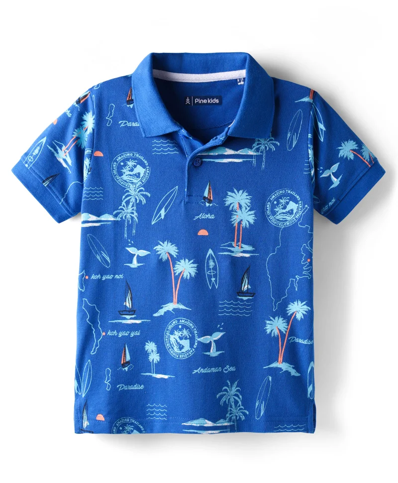 Pine Kids Pine Kids Cotton Knit Half Sleeves Polo T-Shirt with Beach Theme Print - Blue
