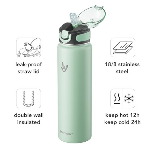 Enerbone 32 oz Insulated Water Bottle, Stainless Steel Bottle with Carrying Strap, Double-Wall Vacuum Insulation Design, Leakproof Sports Bottle with Straw, Keep Drinks Cold or Hot for Hours - Image 2