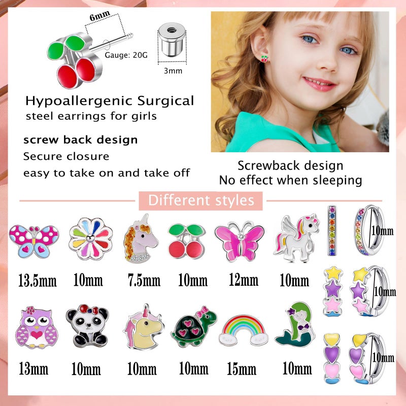 SYNLIN 15 Pairs Stud Earrings Set :12 Pairs Unique Cartoon Flat Back Earrings Girls & 3 Pairs Mini Hoops with Stainless Steel Posts and Screwback Earring for Kids(B) - Image 2