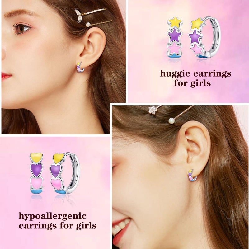 SYNLIN 15 Pairs Stud Earrings Set :12 Pairs Unique Cartoon Flat Back Earrings Girls & 3 Pairs Mini Hoops with Stainless Steel Posts and Screwback Earring for Kids(B) - Image 4