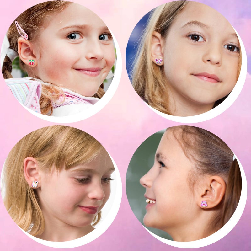 SYNLIN 15 Pairs Stud Earrings Set :12 Pairs Unique Cartoon Flat Back Earrings Girls & 3 Pairs Mini Hoops with Stainless Steel Posts and Screwback Earring for Kids(B) - Image 3