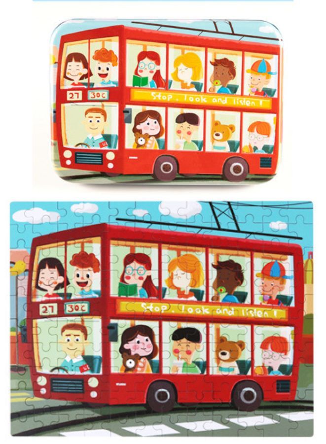 Wooden Jigsaw 120 Pieces Cartoon Animals Fairy Tales Puzzles Children Wood Early Learning Set Montessori Education Toy Kids Gift, Bus - Image 1