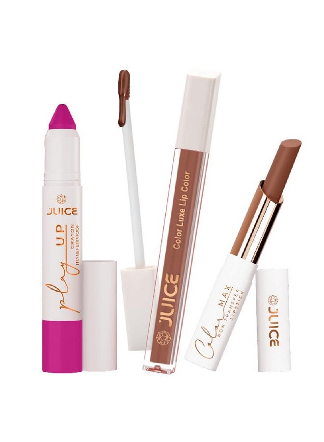 Juice Long Lasting, 3pc Lipstick Combo Set For Women(Endless Petal-MCR07 Lip Crayon, Light Brown-M11 Liquid Lipstick, Brew-tiful-M19 Slim Stick) - Image 1