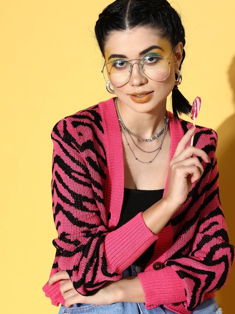 SASSAFRAS Fuchsia Animal Print Front Open Wool Cardigan - Image 4