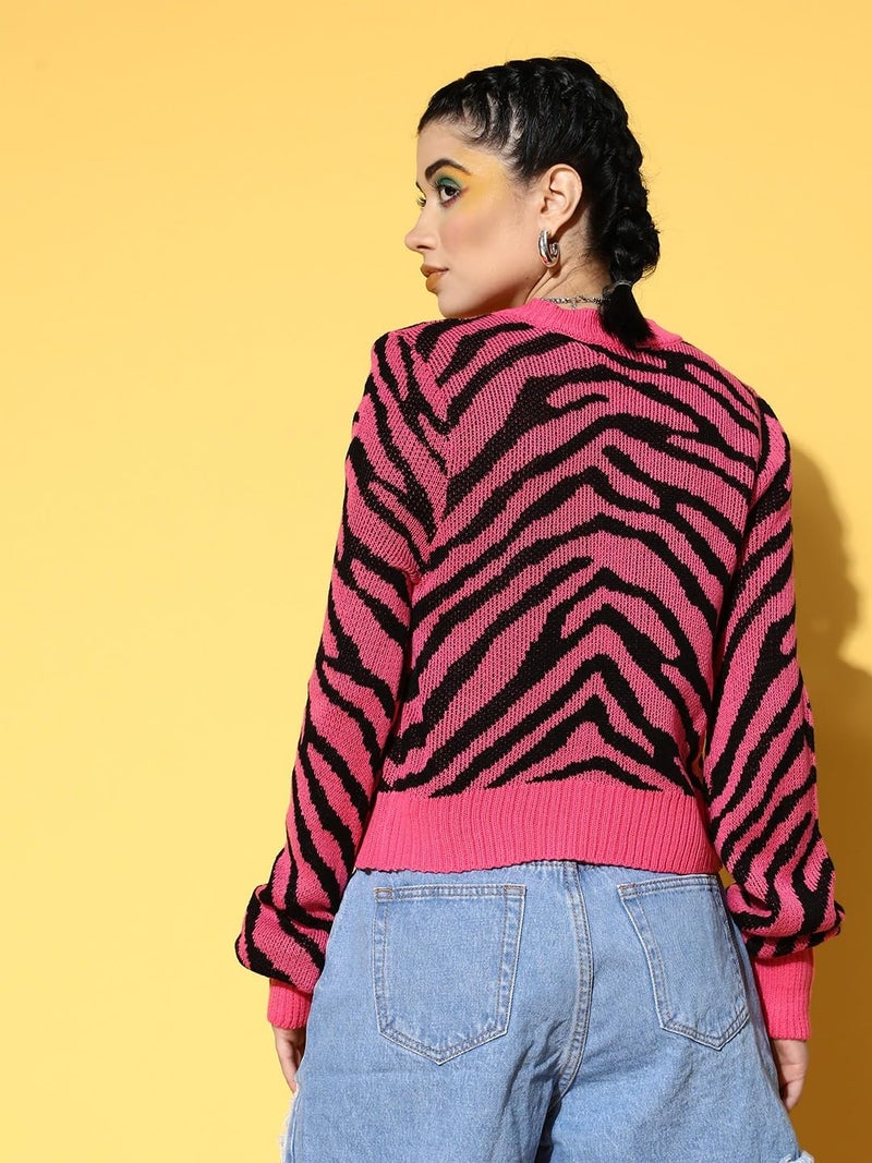 SASSAFRAS Fuchsia Animal Print Front Open Wool Cardigan - Image 5