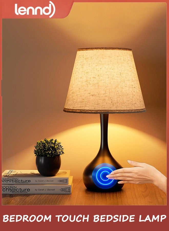 LENND Touch Bedside Lamp for Bedroom, 3-Way Dimmable Farmhouse Table Lamps for Nightstand with Fabric Shade, Desk Lamp for Kids Reading, Home Office - Image 1