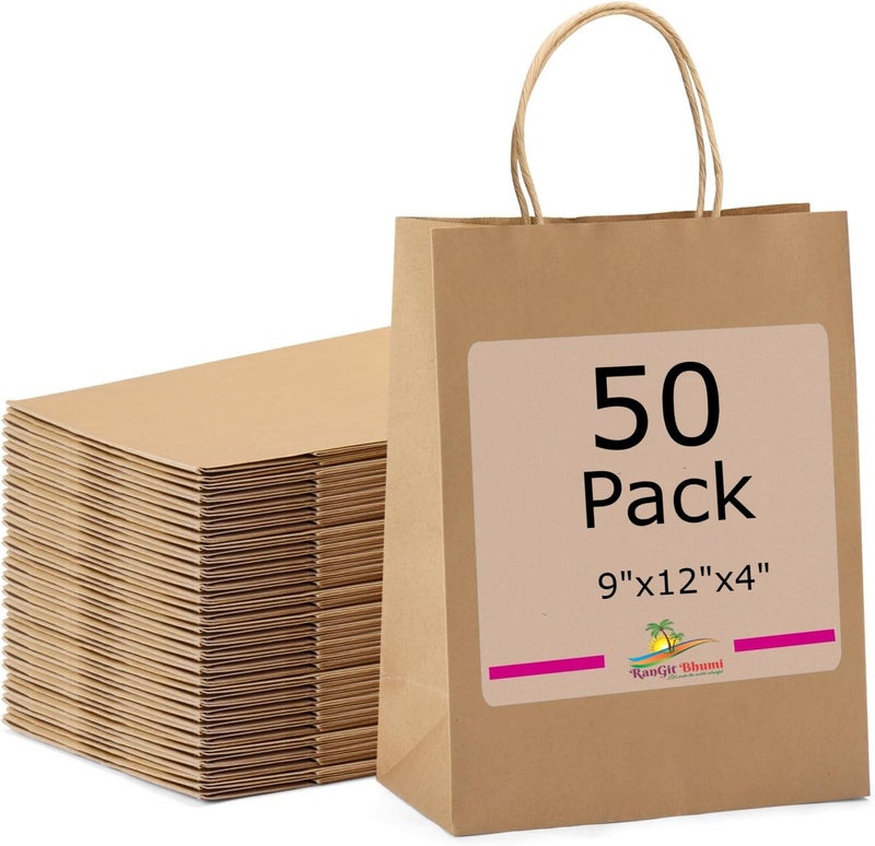 RanGit Bhumi Gift Bags 9x12x4 50pcs Medium Brown Paper Bags for Shopping Retail Paper Carry Bags Party Favor Return Gifting Bags Disposable 9x4x12 in Brown 50 pack