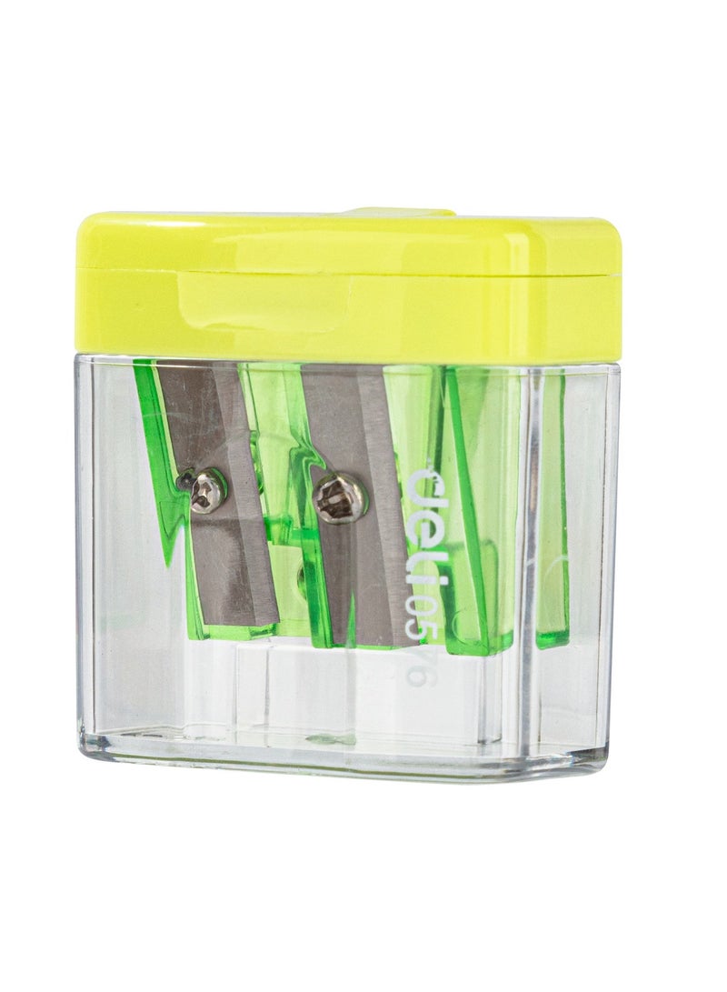 ديلي مبراة أقلام دالي E0576 بفتحتين مع حاوية، قطعة واحدة، بلون عشوائي، مناسبة للأقلام القياسية والكبيرة، بتصميم شبه شفاف. - Image 1