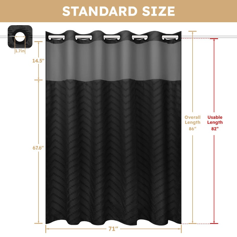 FADOTY No Hook Shower Curtain and Snap in Liner Set Black Tufted Chevron Striped Cloth Waterproof Washable Fabric Boho Farmhouse Bath Curtain See Through Mesh Top Window for Bathroom Hotel 71" x 86" - Image 5