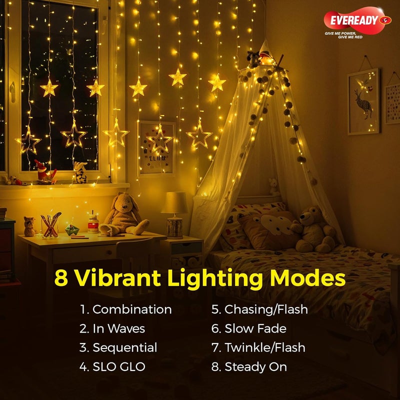 Eveready Utsav, 4 Meter Curtain Led Light Star, 6 Large Stars & 6 Small Stars, 8 Different Lighting Modes, Includes Controller, Indoor String Light, Decoration For Diwali, Wedding, New Year, Pack of 1 - Image 3