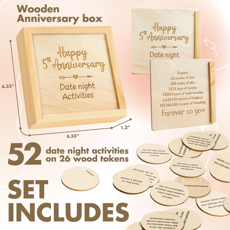 Stofinity 5 Year Anniversary Wood Gift For Him Her - 5Th Anniversary Wooden Gifts For Wife Husband 5 Year Marriage Gifts Anniversary For Couple Fifth Wedding Anniversary For Men Date Night Box - Image 2