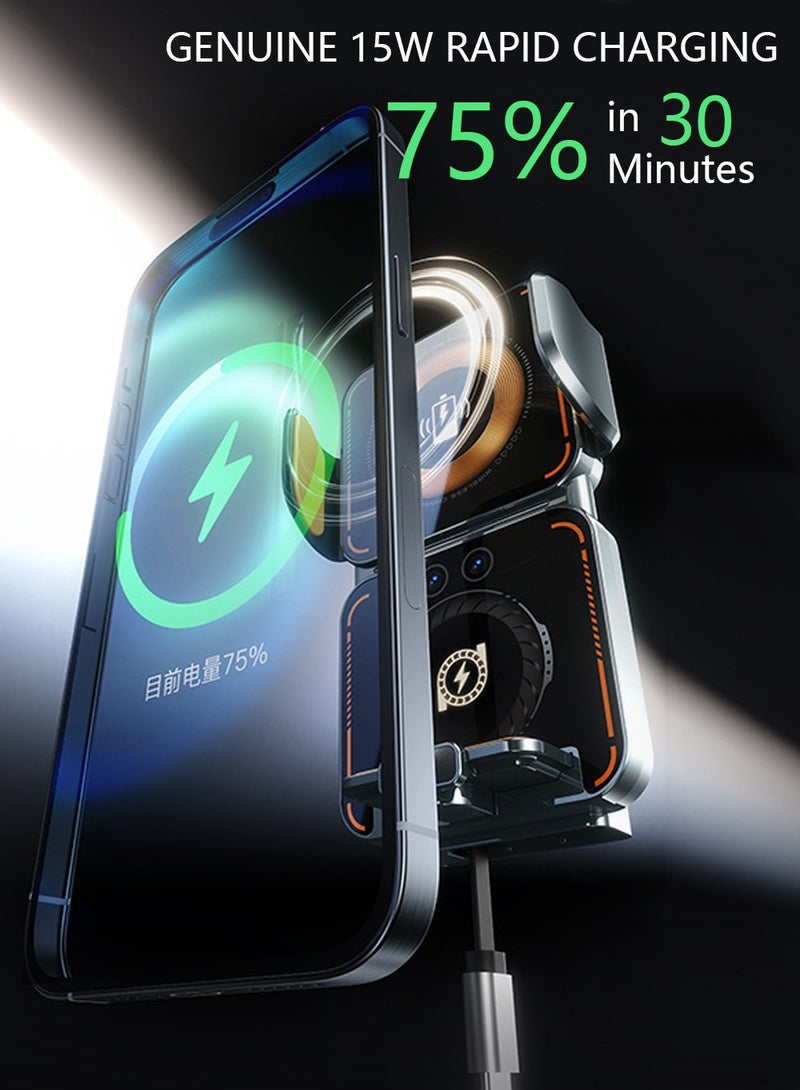 Arabest 15W Wireless Car Charger Mount with Auto-Clamp, Type-C Cable, Magnetic Tips, USB Adapter, 360° Vent Holder for Navigation - Image 4