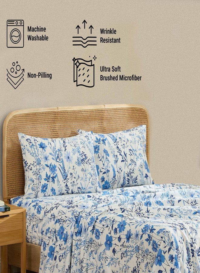 HLC.ME Blue Floral Bed Sheets - 4 Piece Bed Sheet Set - Wrinkle Resistant & Ultra Soft - Fits Mattresses up to 15 Inches Deep (Queen) - Image 4