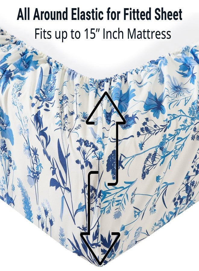 HLC.ME Blue Floral Bed Sheets - 4 Piece Bed Sheet Set - Wrinkle Resistant & Ultra Soft - Fits Mattresses up to 15 Inches Deep (Queen) - Image 2