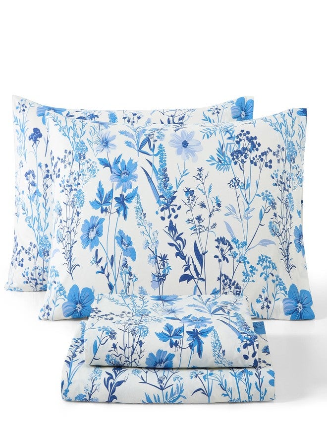 HLC.ME Blue Floral Bed Sheets - 4 Piece Bed Sheet Set - Wrinkle Resistant & Ultra Soft - Fits Mattresses up to 15 Inches Deep (Queen) - Image 1