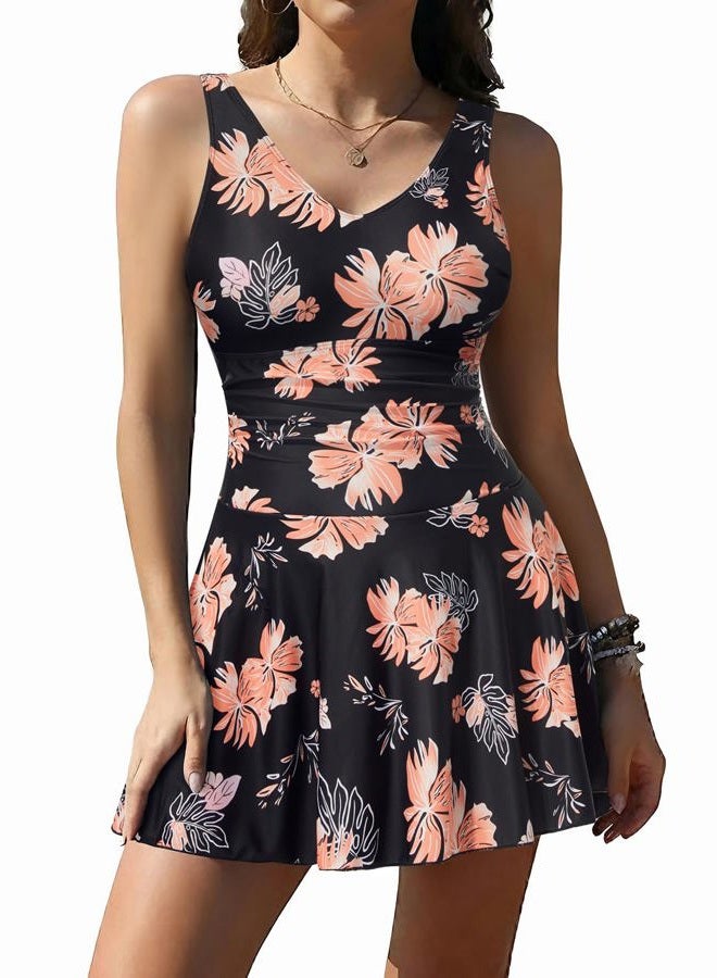 Yonique One Piece Swimsuits for Women Modest Tummy Control Swimdress Vintage Bathing Suits Skirt Swimwear, Black/Pink, L - Image 1