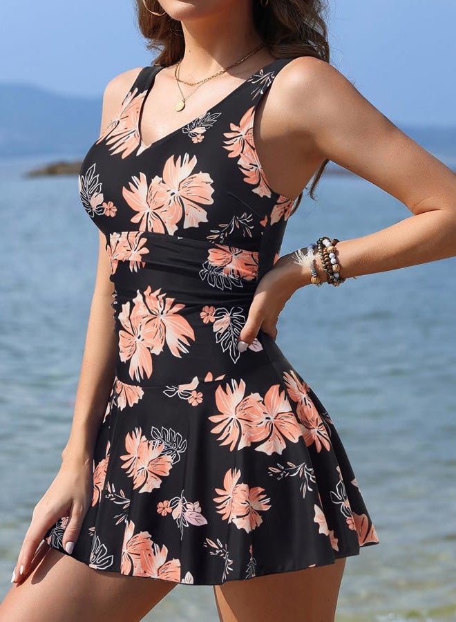 Yonique One Piece Swimsuits for Women Modest Tummy Control Swimdress Vintage Bathing Suits Skirt Swimwear, Black/Pink, L - Image 3