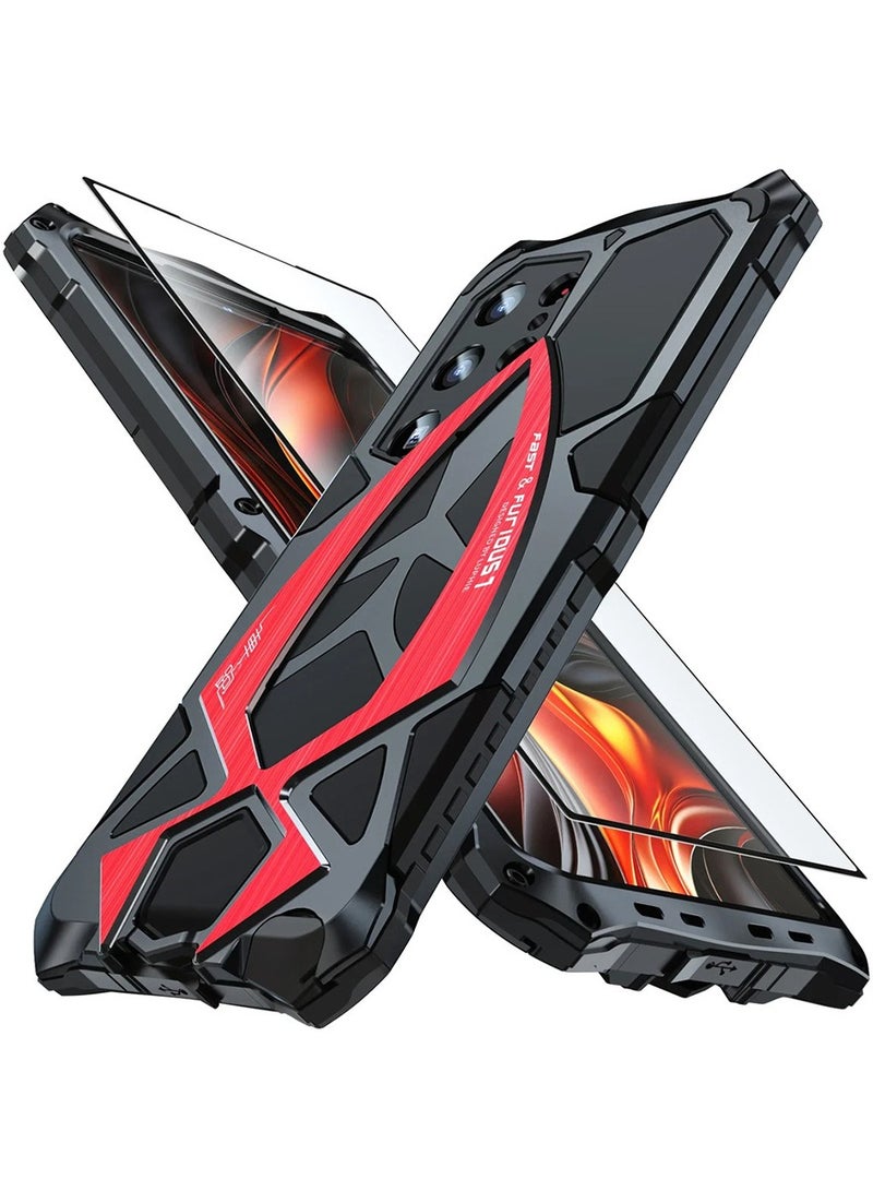 Metal Armor for Samsung Galaxy S25 Ultra Case, with Tempered Glass Screen Protector, Shockproof, Red/Black - Image 1