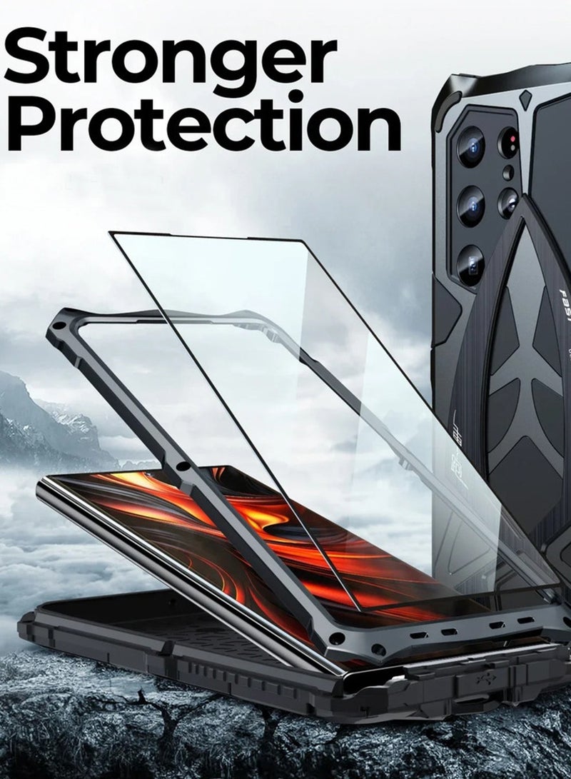 Metal Armor for Samsung Galaxy S25 Ultra Case, with Tempered Glass Screen Protector, Shockproof, Red/Black - Image 2